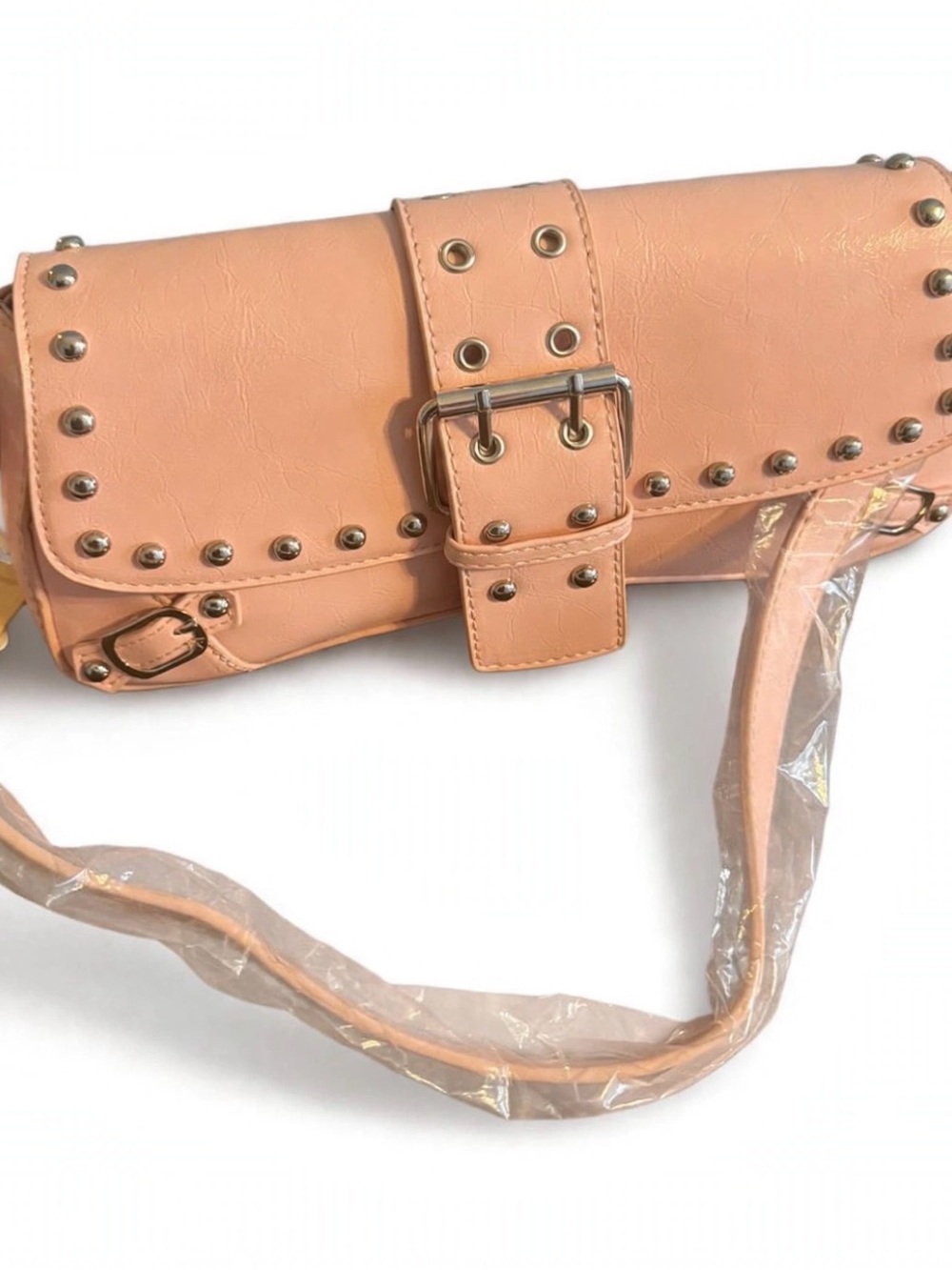 Peach Studded Belt-Front Crossbody Bag
